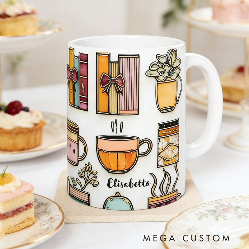 Personalized Stained-Glass Flower Book Mug Custom Floral Book Coffee Cup with Name for Bookworm Reader Book Lover Librarian Gift