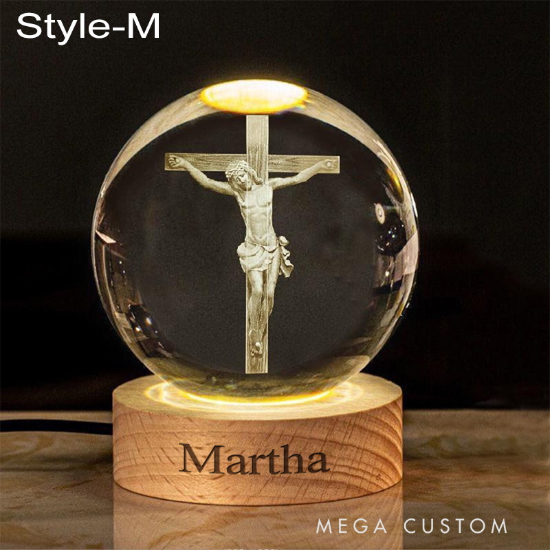 Personalized Cross 3D Engraved Crystal Ball Night Light With Custom Text in Wooden Base Home Decor Jesus Night Lamp Religious Gift Christmas Gift