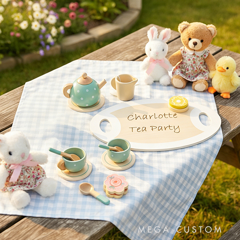 Personalized Kids Tea Party Set Custom Name Pretend Play Toy Adorable Wooden Tea Party Set for Creative Fun