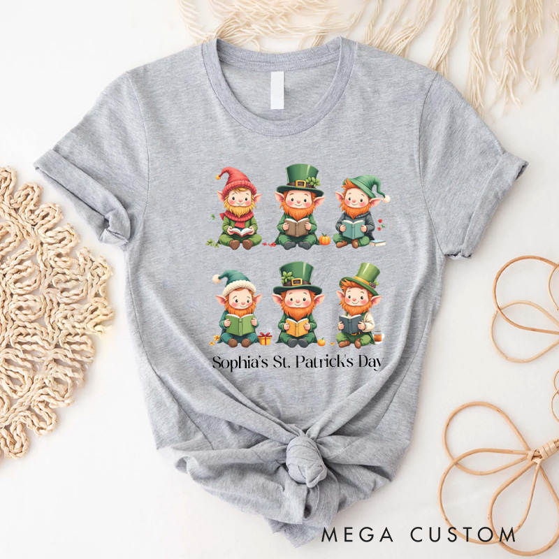 Personalized Book Lover Leprechaun Classic T-Shirts St. Patrick's Day Reading Shirt with Name Tee for Book Lover Bookworm Girlfriend Wife Women Gift