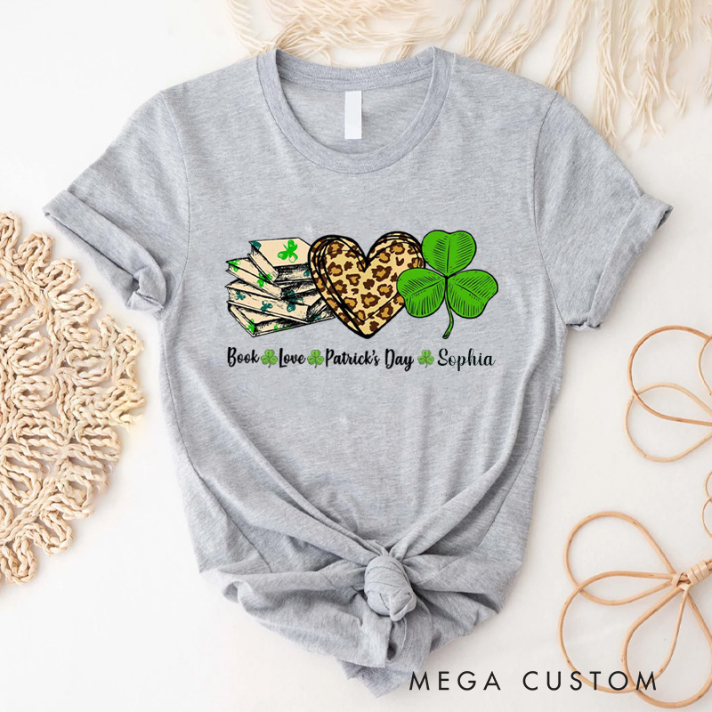 Personalized Book Lover St. Patrick's Day Classic T-Shirts Irish Shamrock Reading Shirt with Name for Book Lover Bookworm Girlfriend Wife Women Gift
