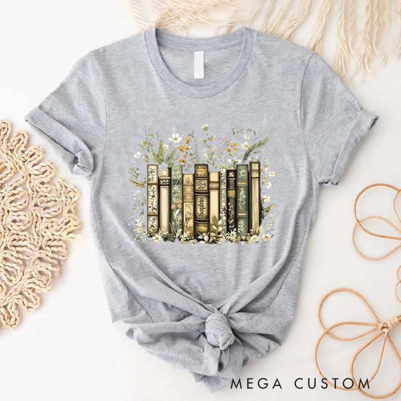 Personalized Flower Books Classic T-Shirts Floral Book Shirt with Name Librarian Tee for Book Lover Bookworm Girlfriend Wife Women Gift