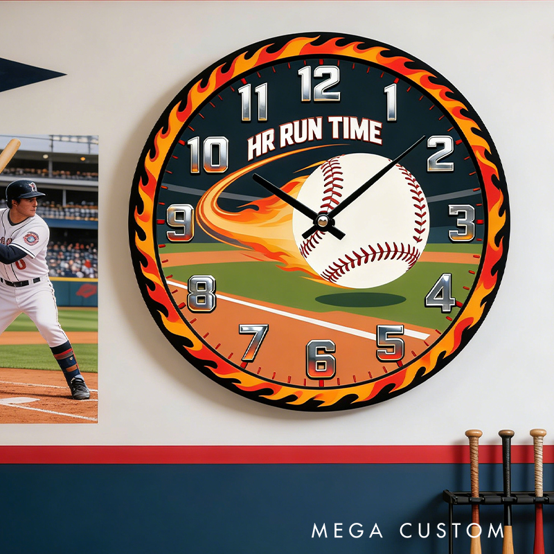Personalized Home Run Time Clock with Fiery Baseball Design for Baseball Enthusiasts