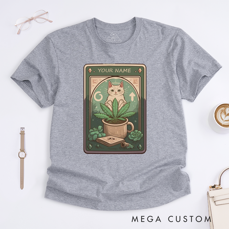 Personalized Tarot Lovers Classic T-Shirts Stoner Cat Classic T Shirt Gift for Cat Lovers Cannabis Enthusiasts Creative Funny Casual T-Shirts