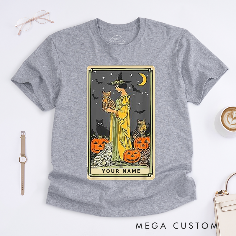Personalized Tarot Lovers Classic T-Shirts Cat Lady Witch T Shirt Halloween Pumpkin Lovers Classic Tee Unique Gift for Cat Owner Present