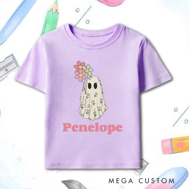 Personalized Girls Ghost Name Toddler T-Shirt Cute Fall Girls T-Shirt with Ghost Hallown Gift