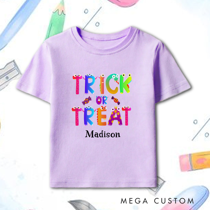 Personalized Trick or Treat Halloween Shirt for Kids Perfect for Fun and Colorful Outfits During the Spooky Season Kids T-Shirt
