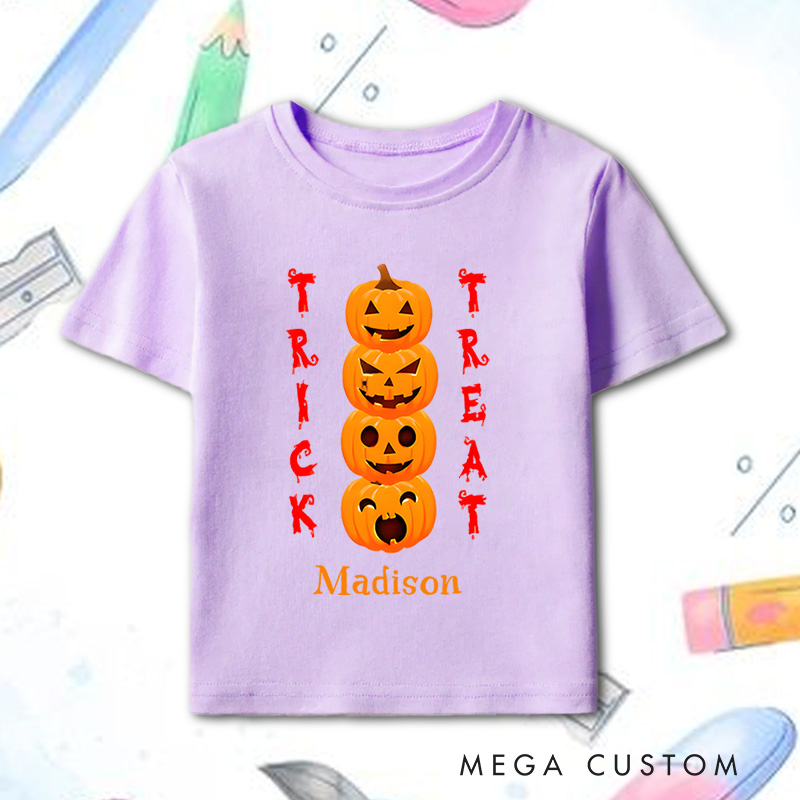 Personalized Trick or Treat Pumpkin Tower Halloween Shirt for Kids Perfect for Fun and Colorful Seasonal Celebrations Kids T-Shirt