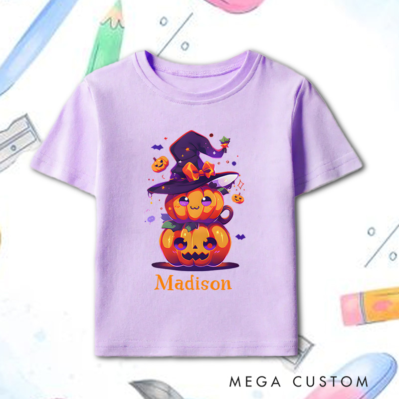 Personalized Witch Hat and Pumpkin Stack Halloween Shirt for Kids Perfect for Magical and Festive Halloween Celebrations Kids T-Shirt