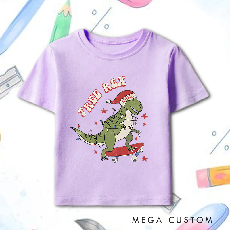 Personalized Tree Rex Retro Kids T-Shirt Cute Christmas Toddler Tee Holiday Natural Shirt