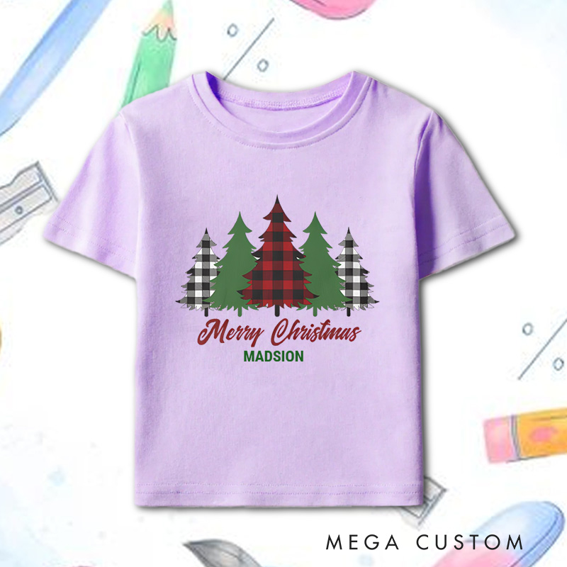 Personalized Rustic Red Plaid Merry Christmas Trees Kids T-Shirt