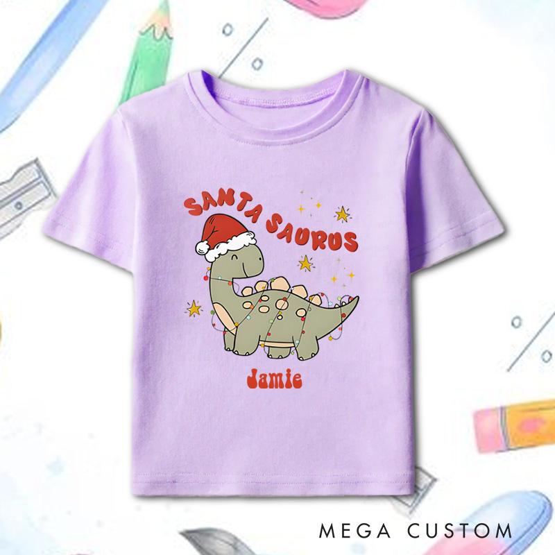 Personalized Cute Christmas Dinosaur Santasaurus Name Kids T-Shirt