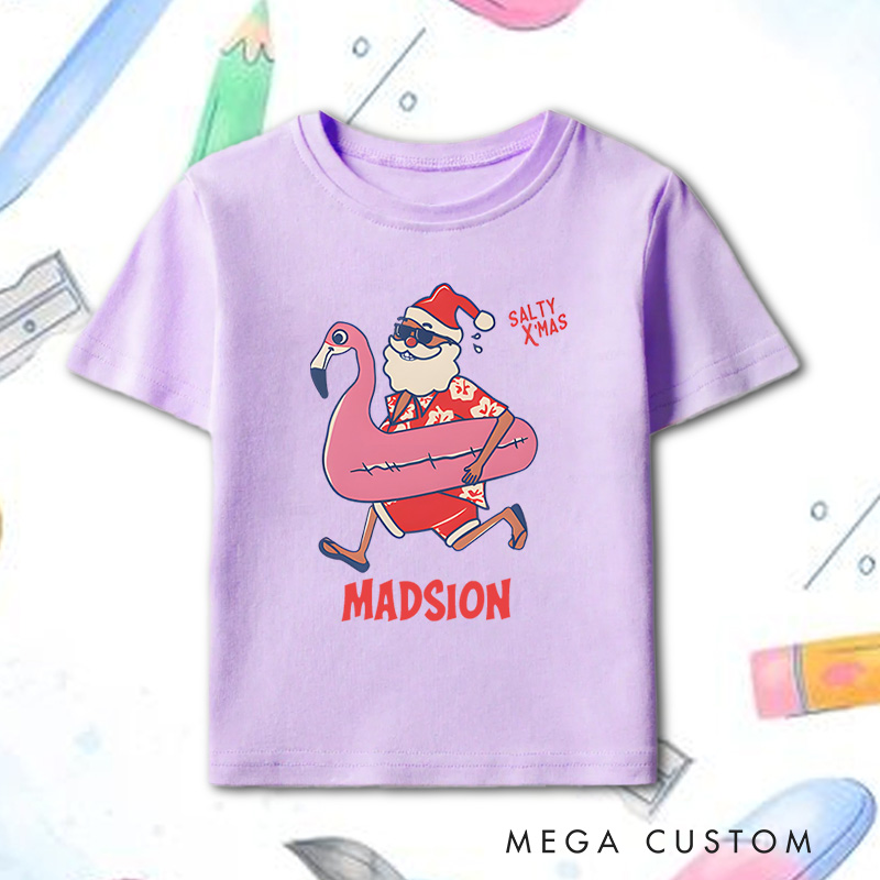 Personalized Mele Kalikimaka Santa Flamingo Christmas Getaways Kids T-Shirt