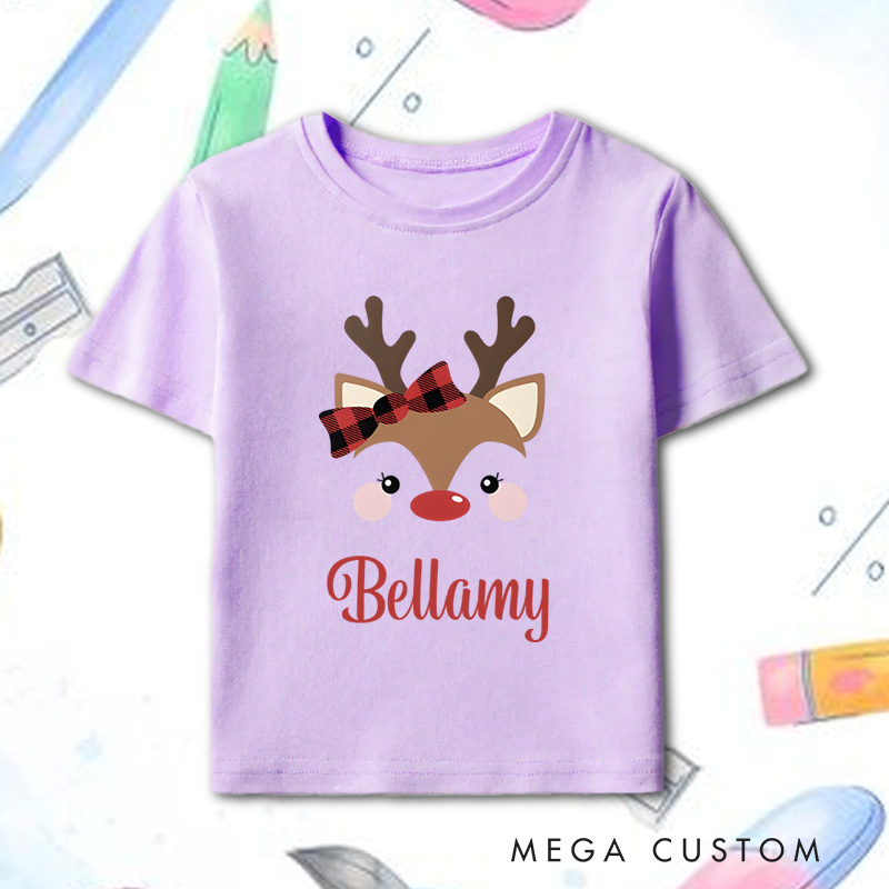 Personalized Cute Reindeer Plaid Bow Name in Red Christmas Kids T-Shirt