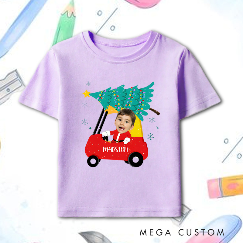 Personalized Red Car Christmas Kids Face with Photo T-Shirt 