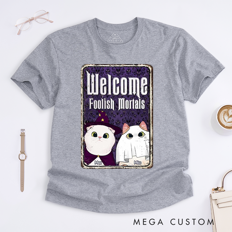 Personalized Tarot Lovers Classic T-Shirts Halloween Cat Classic T-Shirts Cute Wizard and Ghost Cat Design Gift for Cat Lovers