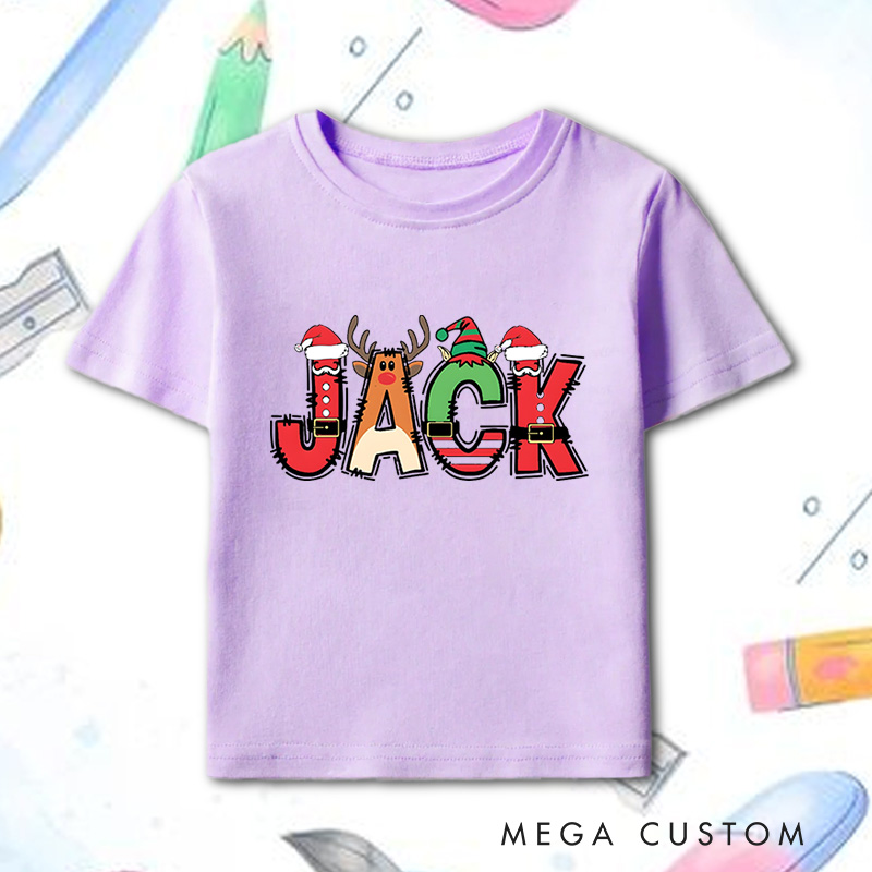 Personalized Christmas Name T-Shirt for Kids Toddler Christmas Tee Santa Reindeer and Elf Design