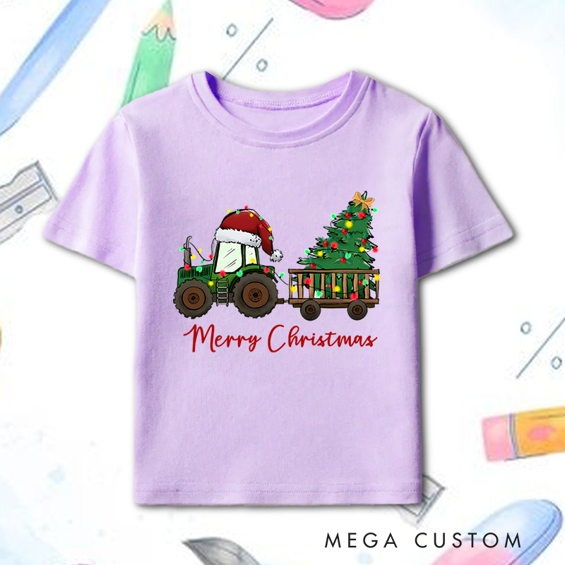Personalized Christmas Tree Tractor Toddler T-Shirt Christmas Farm Life Tee Xmas Kids Gift