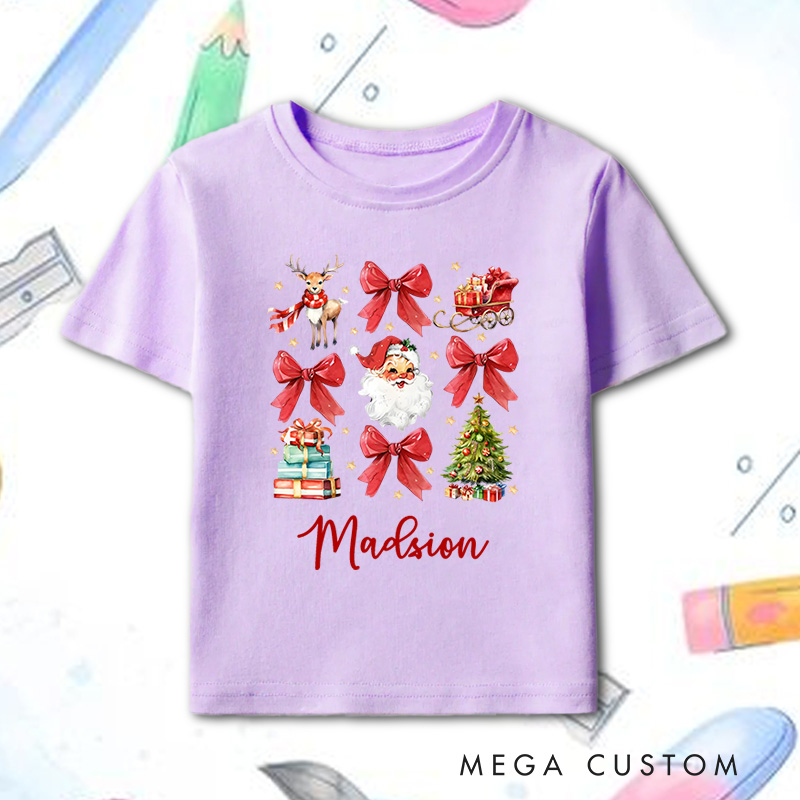 Personalized Christmas Santa and Bows T-Shirt Kids Christmas Tee Shirt Xmas Kids Gift