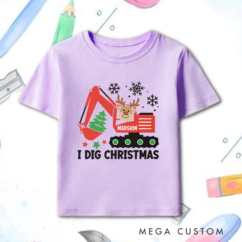 Personalized I Dig Christmas Cute Red Construction Vehicle Reindeer Tree Christmas Excavator Kids T-Shirt