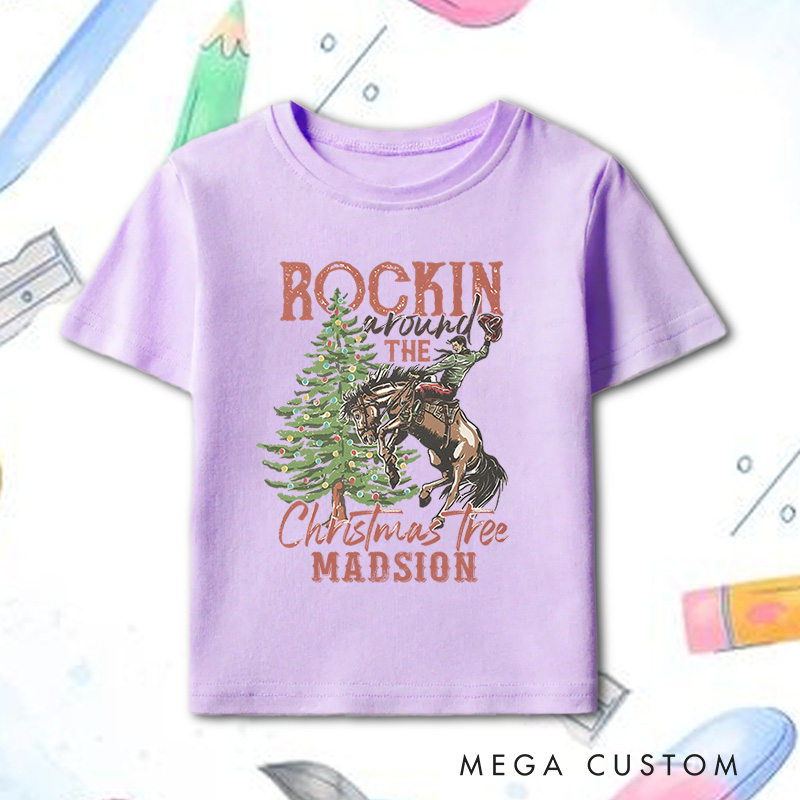 Personalized Western Rodeo Christmas Kids T-Shirt Retro Rocking Around The Christmas Tree Bucking Horse Holiday Outfit 