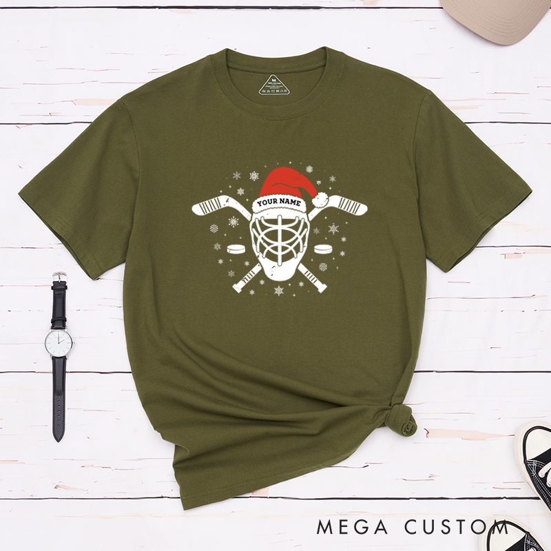 Personalized Hockey T-Shirt with Custom Name and Festive Santa Hat Design