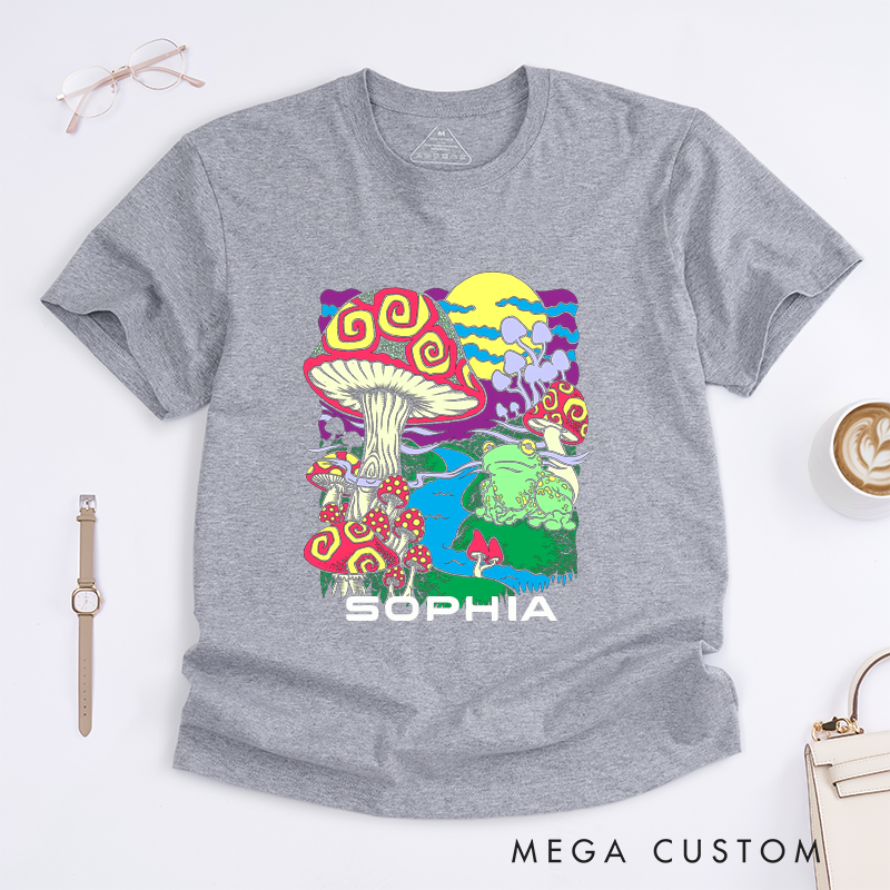 Personalized Psychedelic Frog and Mushroom Classic T-Shirts Custom Name Colorful Trippy Art Unisex Casual Gift for Nature Lovers Unique Graphic Tee