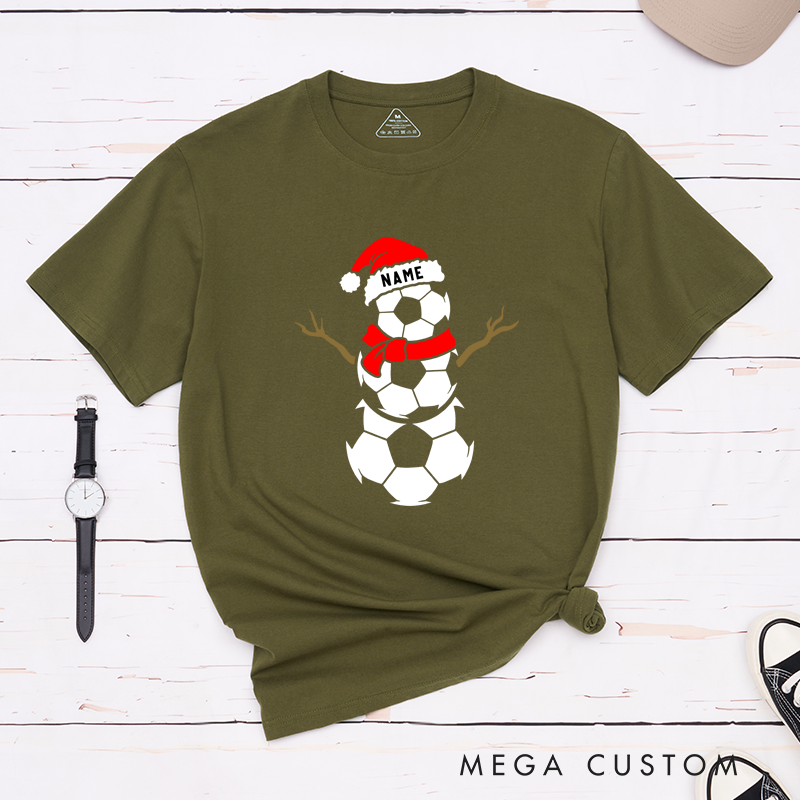 Personalized Soccer Snowman T-Shirt with Custom Name and Festive Design