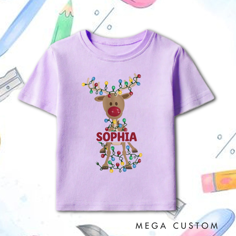 Personalized Reindeer Wrapped in Christmas Lights Christmas Kids T-Shirt