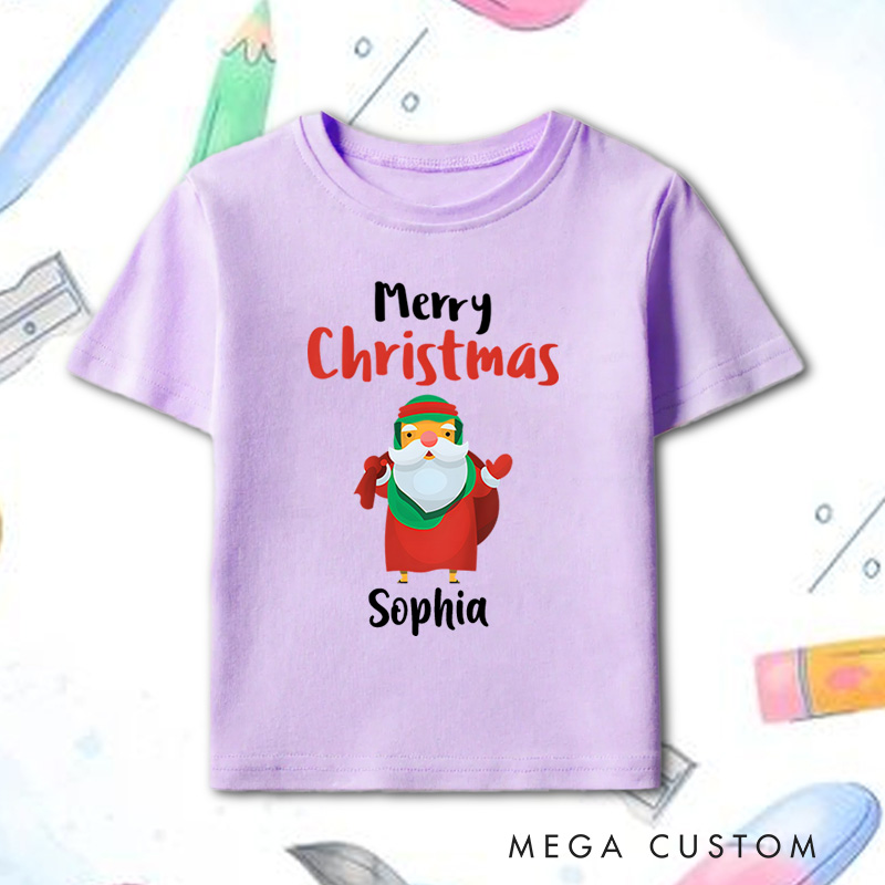 Personalized Santa with Gift Bag and Merry Christmas Text Christmas Kids T-Shirt