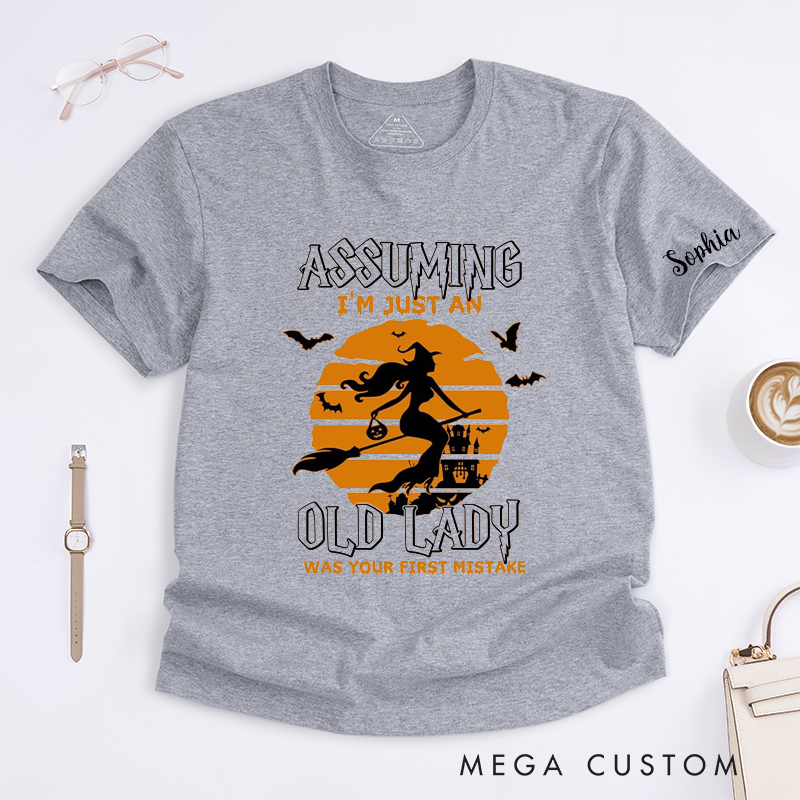 Personalized Old Lady Witch Halloween Classic T-Shirts Custom Name Funny Broomstick Costume Gift for Unique Retirement Birthday Present for Grandma