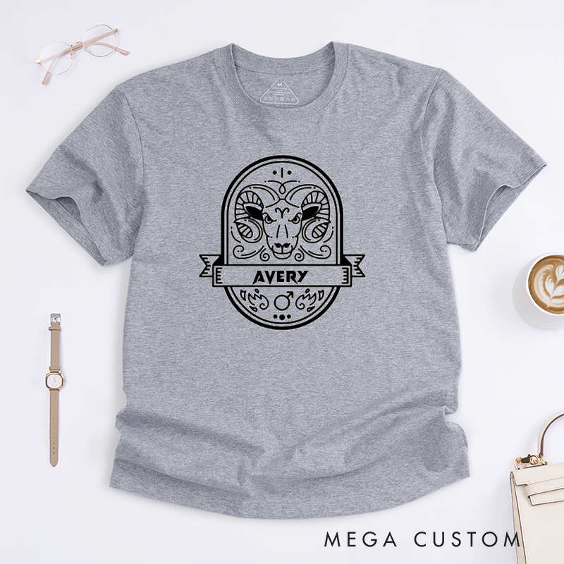 Personalized Aries Zodiac Sign Classic T-Shirts Unique Horoscope Astrology Gifts for Him and Her Custom Name Avery Birthday Gift for Astrology Lovers