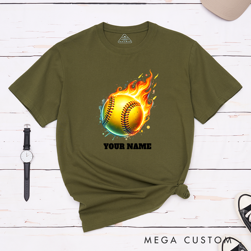 Personalized Fiery Softball T-Shirt Design Customizable Name Featuring a Dynamic Flaming Softball Graphic Perfect for Teams and Players