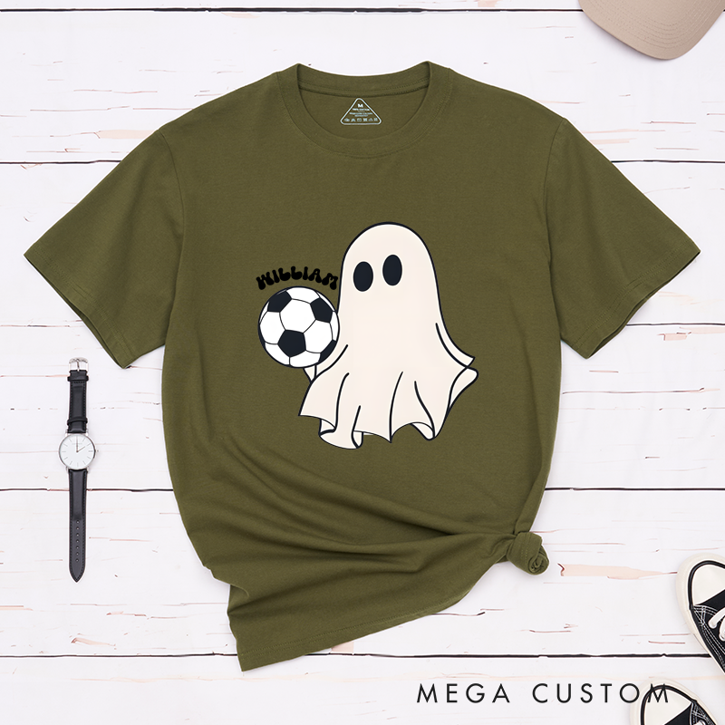 Personalized Halloween Soccer T-Shirt with Cute Ghost, Soccer Ball, and Custom Name Design