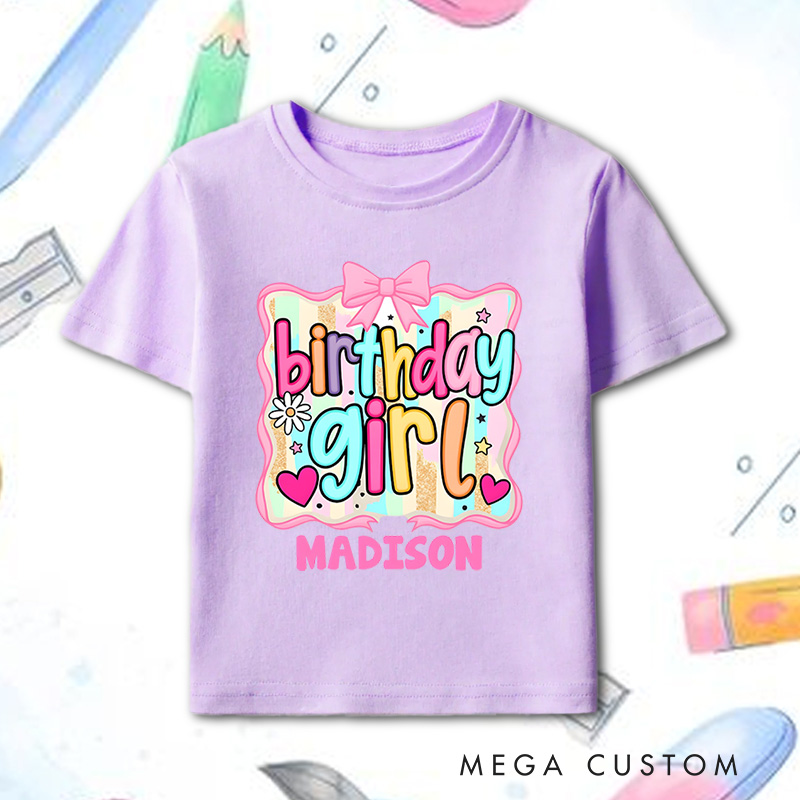 Personalized Birthday Girl Kids T-Shirt with Bright Colors and Fun Bow Design for Celebratory Style