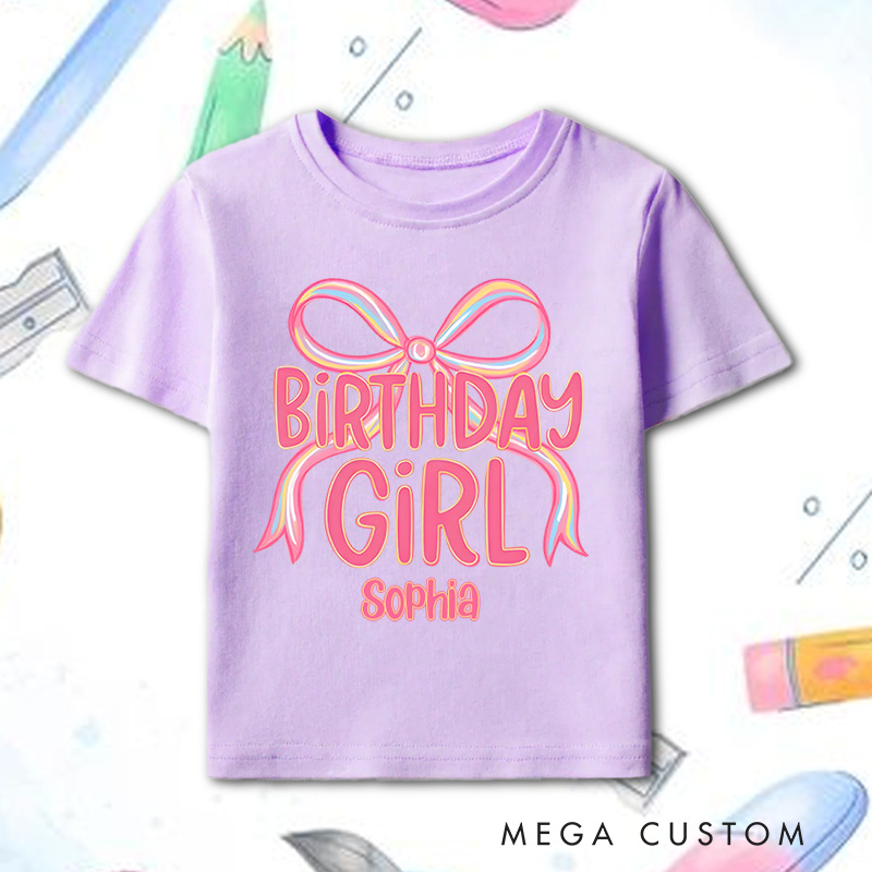 Personalized Birthday Girl Kids T-Shirt with Pink Bow and Bold Lettering for a Stylish Celebration