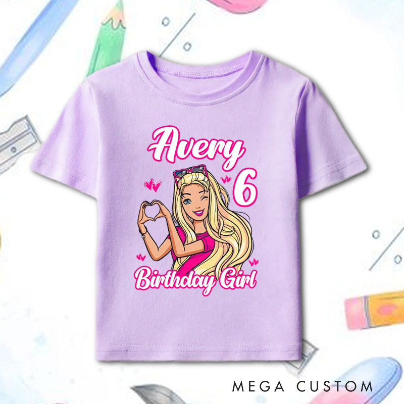 Personalized Birthday Girl Kids T-Shirt with Pink Princess Theme and Name for a Magical Birthday