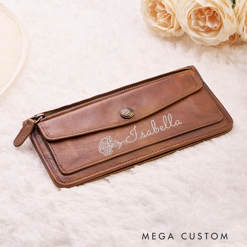 [Copy]Personalized Leather Wallet For Her Birth Flower Wallet with Name Engraved Wallet For Women Leather Purse Birthday Gift For Her