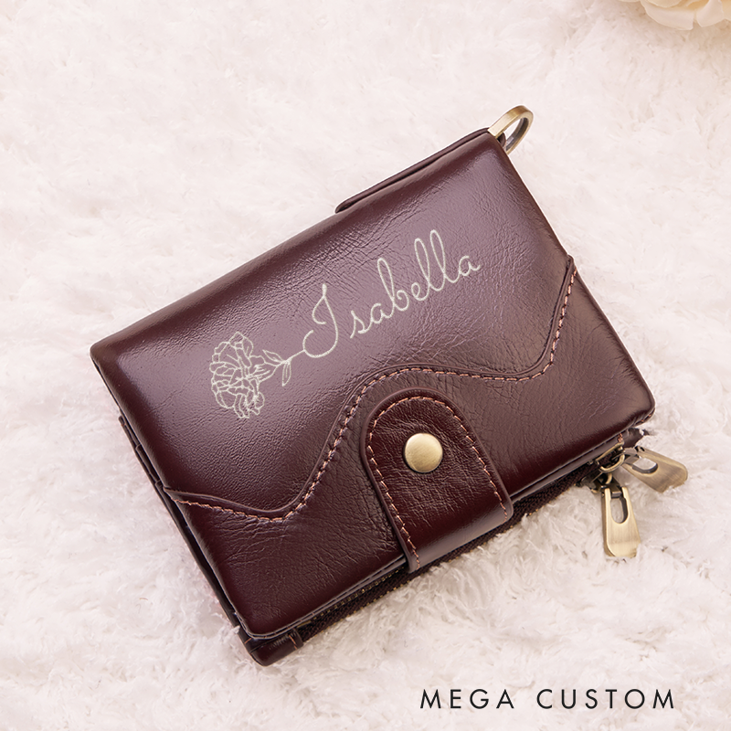 Personalized Leather Wallet For Her Birth Flower Wallet with Name Engraved Wallet For Women Leather Purse Birthday Gift For Her Gift For Mother Bridesmaid Gift Christmas Gift