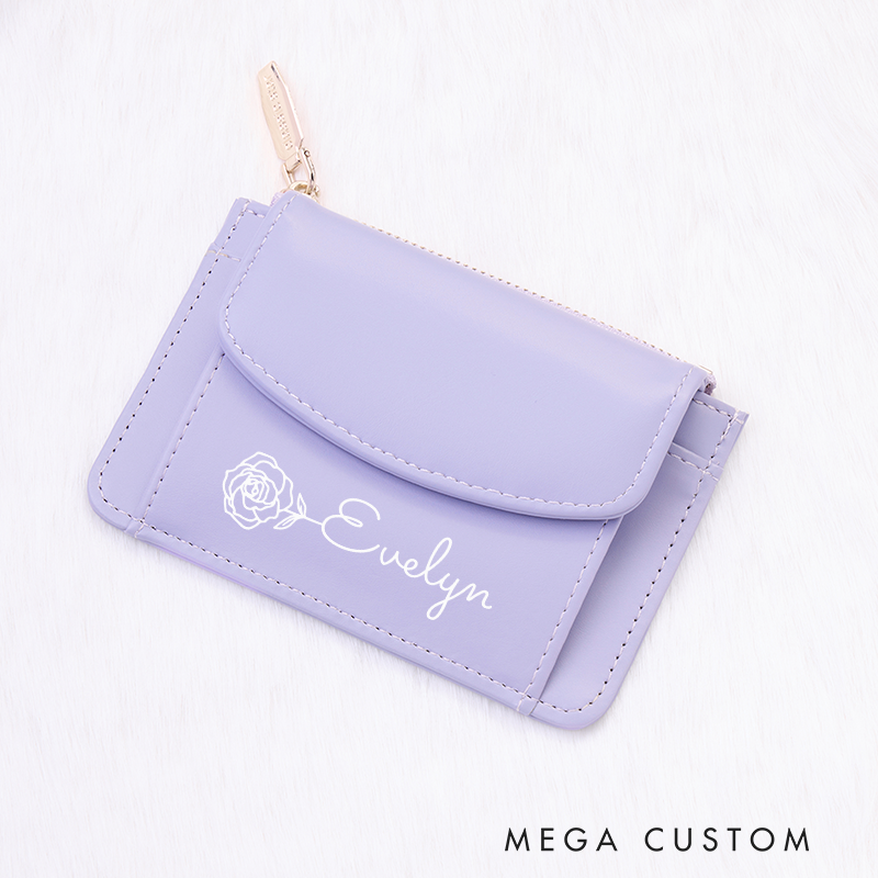 Personalized Leather Wallet for Girl Birth Flower Wallet for Her Zipper Wallet Purse Wallet Credit Card wallet Cute wallet Women's Purse Unique Gift for Her Birthday Gifts