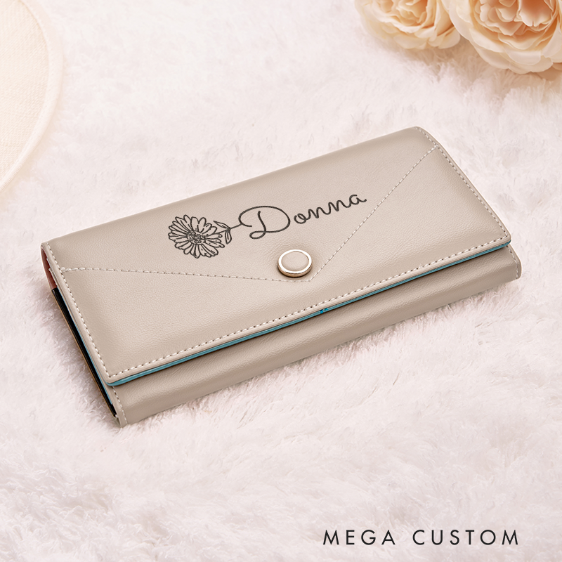 Personalized Leather Wallet for Women Birth Flower Leather Wallet Engraved Women Slim Wallet Clutch Purse Leather Wallet With Zipper Leather Wallet Leather Gift for Her Unique Gift for Her Birthday Gifts