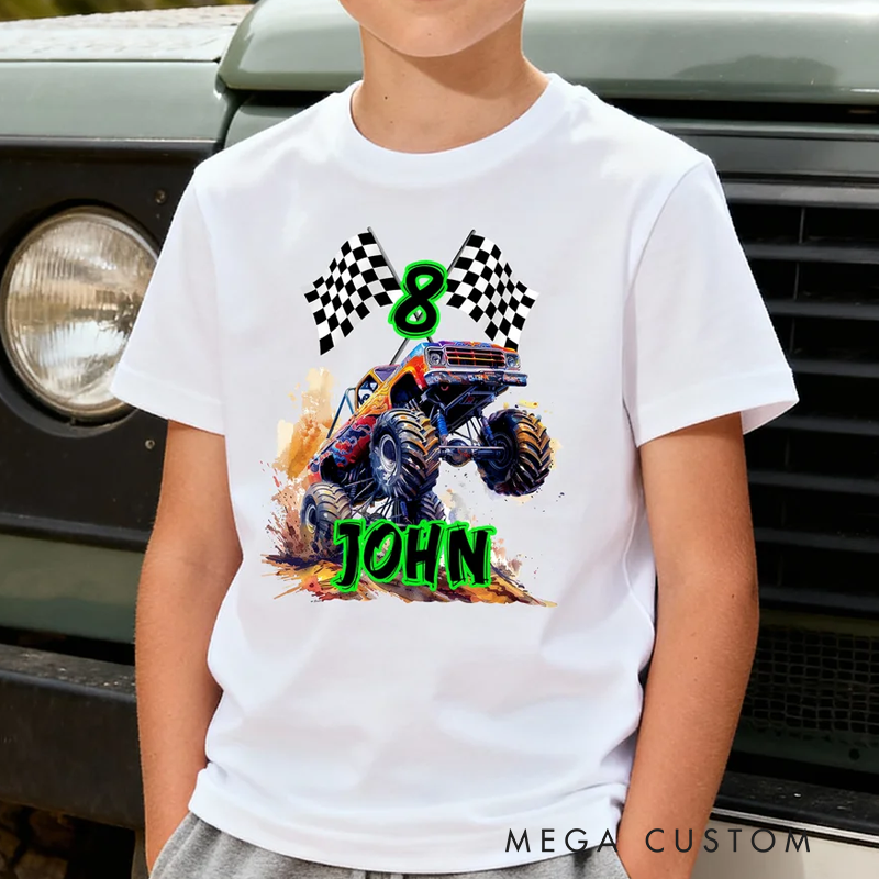 Personalized Big Wheel Off-Road Truck Multicolor Kid's T-shirt Sweatshirt Hoodie with Age and Name Birthday Christmas Gift for Kids