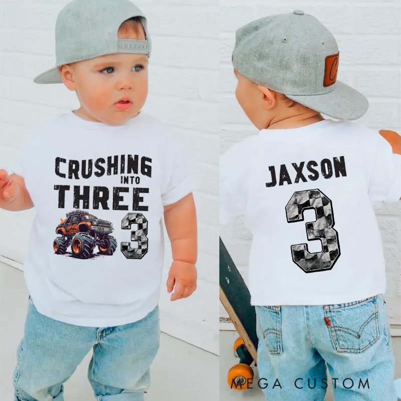 Personalized Crushing Into Three Monster Truck Birthday Kids Shirt Monster Truck Party Birthday Boy Shirt Racing Shirt Truck Yeah Shirt Custom Birthday