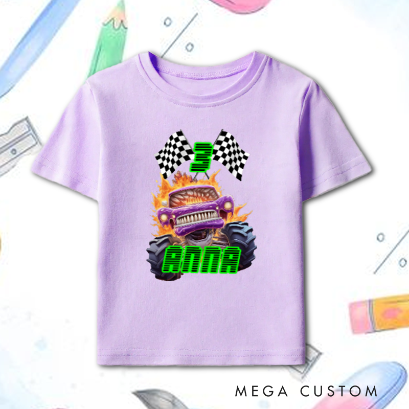 Personalized Big Wheel Off-Road Truck Multicolor Kid's Tshirt with Age and Name Birthday Christmas Gift for Kids