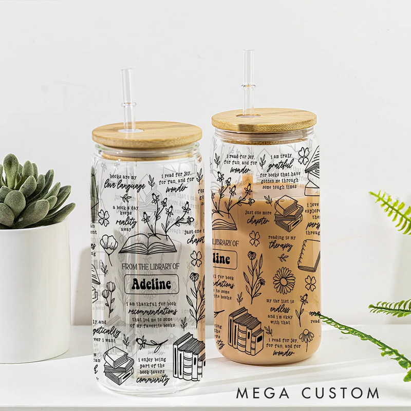 Personalized Personalized 20oz I Am Truly Grateful for Books Glass Cup with Lid and Straw Book Lover Gift