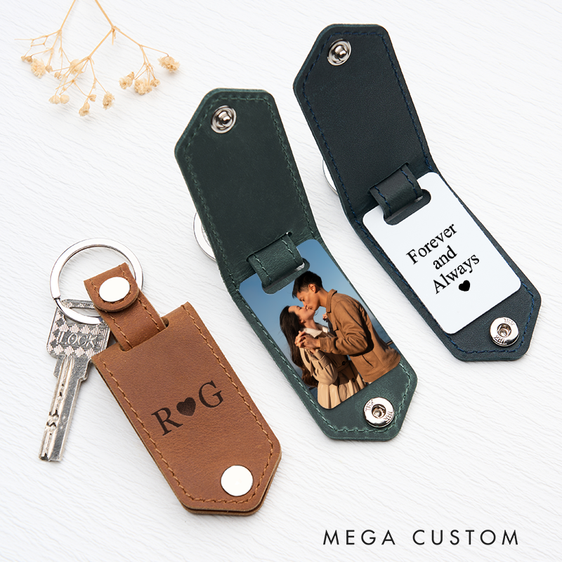 Personalized Leather Photo Keychain for Men Custom Picture Key Ringwith Name Engraved Leather Key Chain Anniversary Gift for Him Groomsmen Gift Birthday Gift for Dad Boyfriend Husband