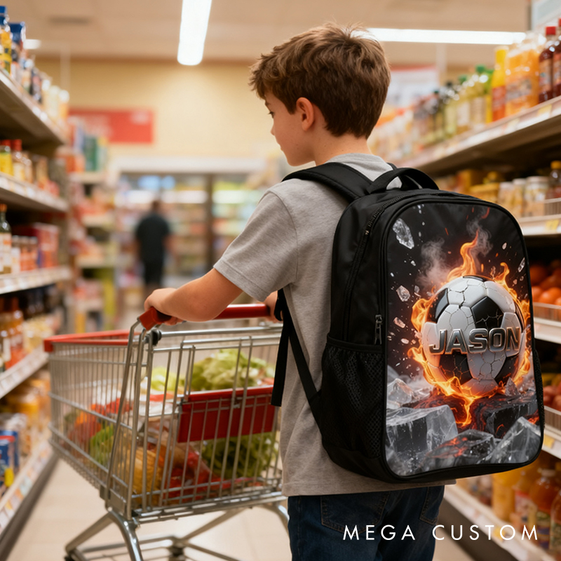 Personalized Soccer Backpack with Fiery Design and Custom Name for Kids and Soccer Lovers Black to School Gift 