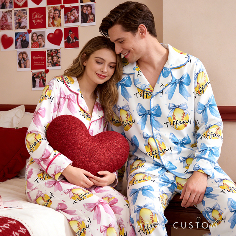 Personalized Couple Softball Pajamas with Custom Name and Romantic Design Gift for Anniversaries Valentine’s Day 