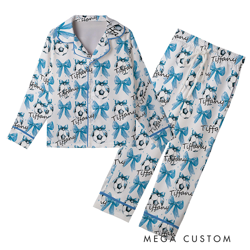 Personalized Couple Soccer Pajamas with Custom Name and Bow Design Gift for Anniversaries Valentine’s Day