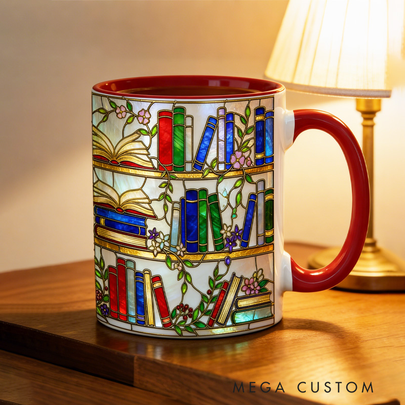 Personalized Stained Glass Floral Bookshelf Mug Custom Colorful Bookish Reader Coffee Cup with Name for Bookworm Reader Book Lover Booktoker Librarian Gift